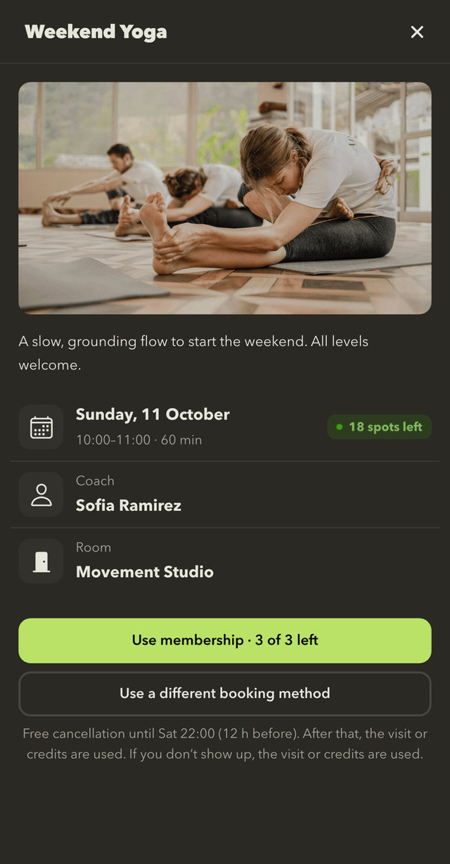 Class details with coach, room and free spots