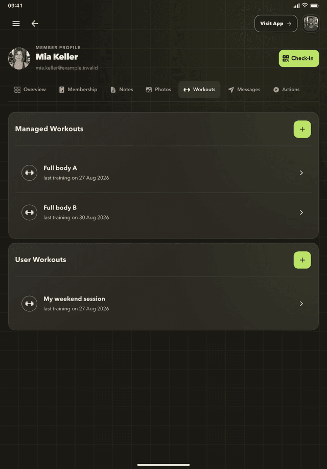 Coach view of a member's managed workouts