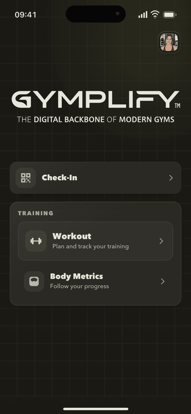 Member app home with workout and body metrics